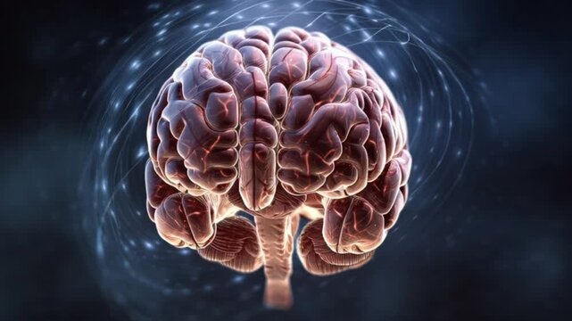 Realistic 3D Medical Illustration of the Human Brain Rotating, Showcasing Detailed Anatomy, Neural Structures, and Scientific Accuracy for Neuroscience Education, Research, and Medical Visualization