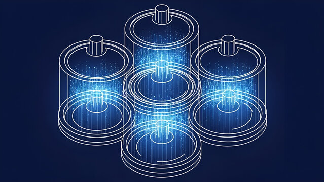 Digital wireframe energy storage cells with glowing blue electric power. - Powered by Adobe