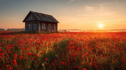 A charming cottage bathed in the warm glow of the setting sun, nestled amidst a vibrant field of red poppies. This idyllic scene captures the essence of tranquility and the beauty of rural life.