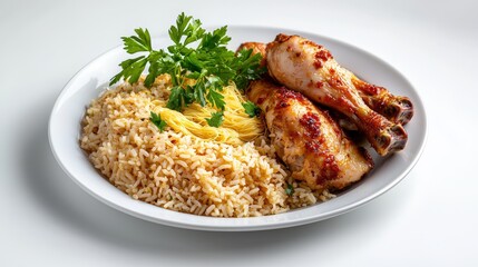 Fototapeta premium Hearty meal with seasoned rice cooked with herbs and spices served alongside oven-roasted chicken drumsticks garnished with fresh parsley on a clean white plate