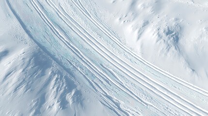 Aerial view of groomed ski tracks on a snowy mountain slope.