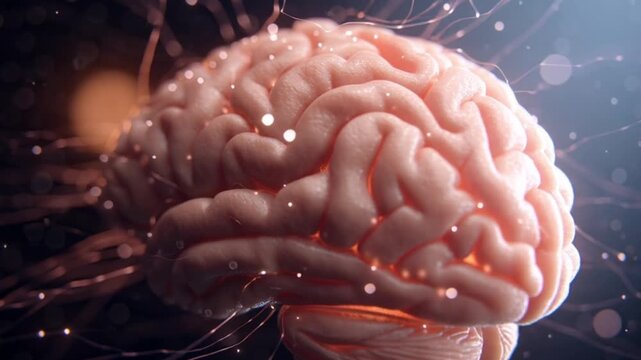Realistic 3D Medical Illustration of the Human Brain Rotating, Showcasing Detailed Anatomy, Neural Structures, and Scientific Accuracy for Neuroscience Education, Research, and Medical Visualization