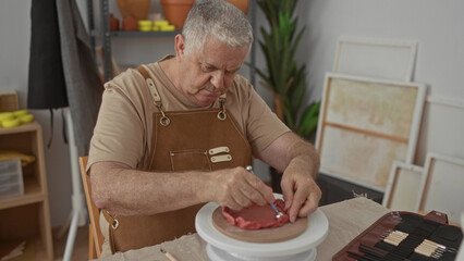 Man artisan shaping clay with hands on pottery wheel in studio; craftsmanship concentration patience.
