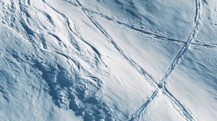Aerial view of ski tracks on a snowy mountain slope, patterns in fresh snow