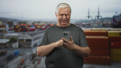 Senior man holding smartphone and giving thumbs up at a port building with stacked shipping containers and cranes visible in the distance; approval.