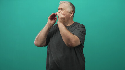 Senior man cupping hands to mouth shouting in studio with teal wall, visible bare hands and...