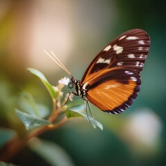 Obraz premium A close-up shot of a beautiful butterfly with striking colors. The butterfly is perched on a green leaf, showcasing intricate patterns on its wings 