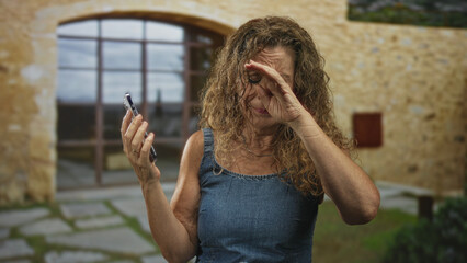 Woman holding smartphone with raised hand gesture inside building; frustration communication problem.