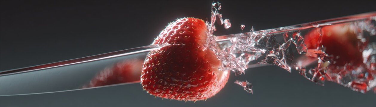 A juicy strawberry being sliced by a sharp knife, showcasing the freshness and vibrant color of the fruit