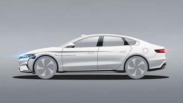 Automotive design visualization of a white futuristic four-door sedan.