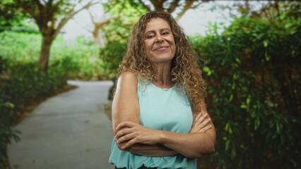 Obraz premium Middle-aged woman with arms crossed showing bare forearms on a forest path, wearing turquoise sleeveless top and curly hair; confidence.