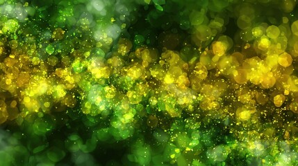 Lush green and yellow bokeh lights with sparkling glitter particles background