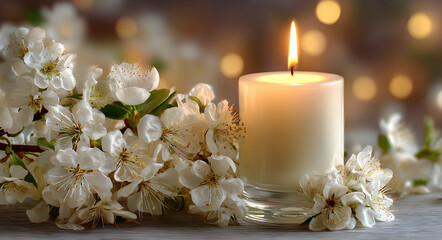 Funeral card template with burning candle and white flowers, condolence background with copy space for obituary text, memorial service announcement with floral arrangement.