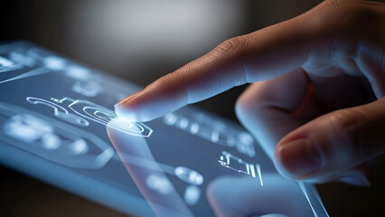 Finger touches blue holographic interface displaying abstract data graphics.