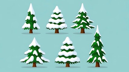 Fototapeta premium Snowy Pine Trees on Light Blue Background