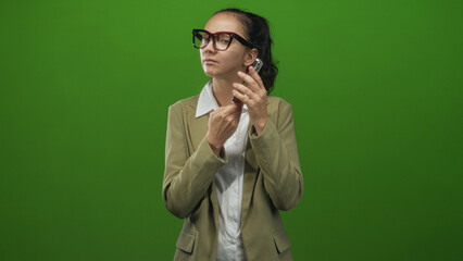 Woman holding smartphone to ear while scrolling with fingers in studio wearing glasses and beige blazer against green screen; concentration routine.