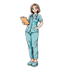 Friendly Female Nurse in Blue Scrubs Holding Medical Records