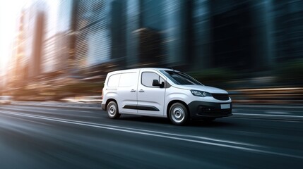 A delivery van moves swiftly along a city street surrounded by tall buildings as the sun sets. The road is filled with light from the evening sky and city.