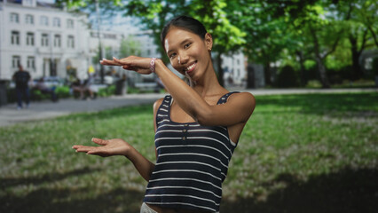 Fototapeta premium Thai woman presenting palms apart with hands visible, smiling and tilting her head while posing in front of building with park lawn behind; playful curiosity.
