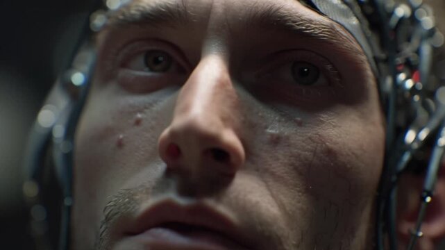 Close-Up of a Cybernetic Human Portrait, Blending Futuristic Technology and Human Emotion with Sci-Fi Aesthetics, Advanced Augmentation Details and Dramatic Lighting in a Vision of Pseudo Human