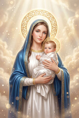 Classical Virgin Mary holding baby Jesus Christ with golden halos, Blessed Mother and child illustration for Catholic Christmas, Nativity celebration, religious greeting cards and spiritual posters