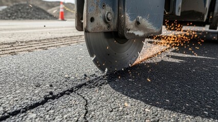 Industrial road saw cutting into asphalt pavement with flying sparks. Heavy construction machinery blade repairing street surface