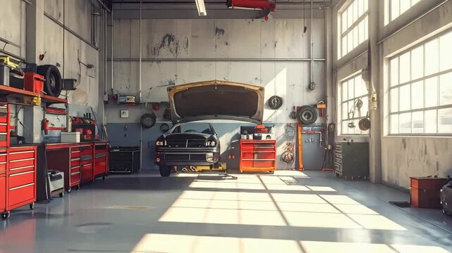 Automotive Repair Shop Interior with Car Undergoing Maintenance.