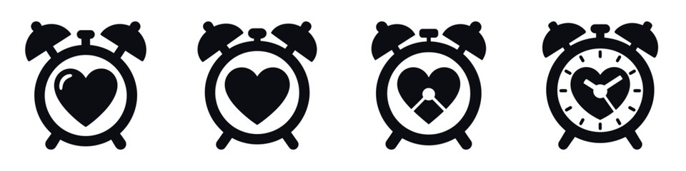 Obraz premium Romantic Heart Clock Vector Set – Valentine’s Day Love Time Icons, Minimal Retro Alarm Clock Illustration, Modern Black Silhouette Design for Greeting Cards and Holiday Décor