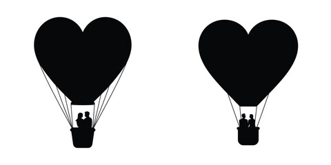 Romantic Couple in Heart Hot Air Balloon Vector – Valentine’s Day Love Adventure Silhouette, Romantic Flight Illustration for Greeting Cards, Wedding Design, and Love Travel Concept