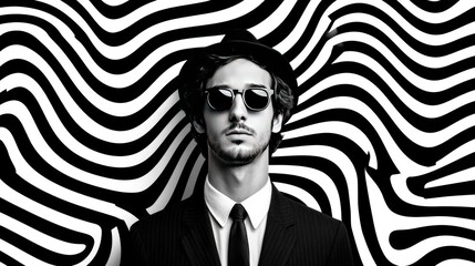 Stylish Man in Hat and Sunglasses Against Black and White Abstract Background