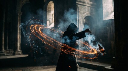 Mysterious Sorcerer Casting Powerful Magic Spell in Ancient Stone Temple Ruins - Dark Fantasy Wizardry & Enchantment