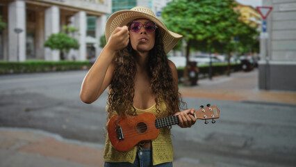 Woman strums ukulele while adjusting sunhat with right hand, wearing sunglasses and yellow tanktop on street; carefree summer music.