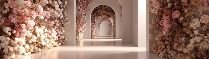 A beautiful hallway decorated with lots of flowers 