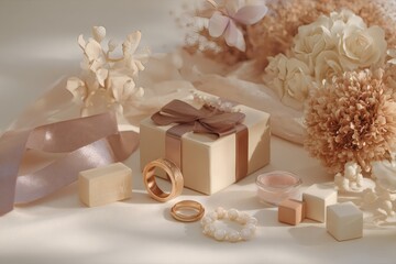 Elegant composition of rings, flowers and gift box, creating a luxurious and aesthetic still life