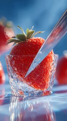 A fresh strawberry being sliced with a knife in a transparent container. The composition is clean and refreshing