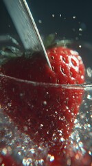 Strawberry sliced with a knife under water, with close-up shot