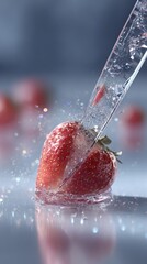 A close-up shot of a strawberry being sliced by a knife with icy water spraying