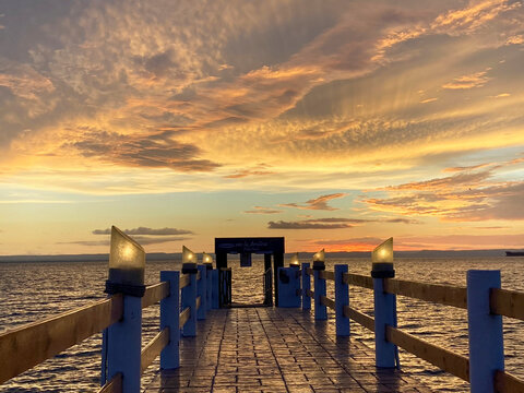La Paz, Baja, California. Mexico. Sunset along a dock in La Paz. 