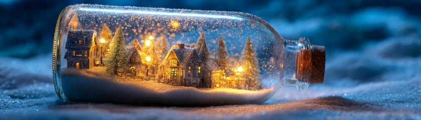 A captivating snow globe scene featuring a miniature village nestled inside a glass bottle, creating a magical winter wonderland