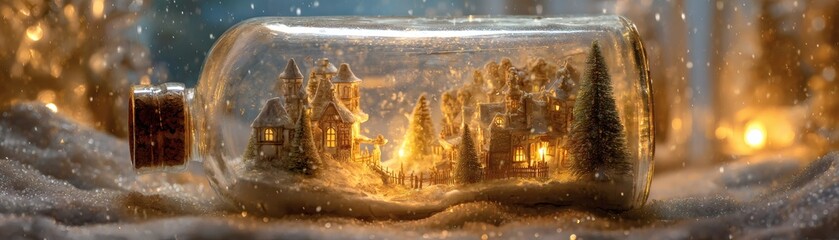 A miniature winter wonderland scene encapsulated within a glass bottle, sparkling with festive lights and snowy details.  The scene captures the essence of holiday magic and festive cheer. 