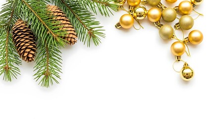 Holiday pine branches with golden ornaments