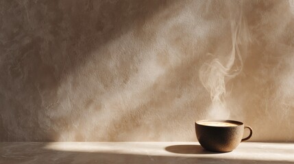 A steaming cup of coffee with a warm, inviting atmosphere, perfect for a cozy morning
