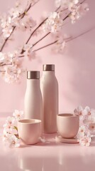 Two thermos bottles and two cups artfully arranged among the spring blossoms, creating a tranquil scene