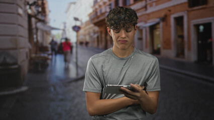 Man holding smartphone with a grimace and crossed arms on a narrow cobblestone street while reading the screen; frustration.