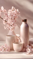 A still life composition with elegant pink-hued elements, featuring a vase of cherry blossoms, a water bottle, and cups 