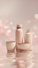 Elegant collection of bottles and cups in soft, pastel tones, showcasing minimalist design. The composition exudes a sense of tranquility and style.