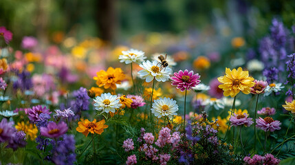 Pollinator garden in backyard with colorful flowers, attracting bees and butterflies, biodiversity support, ecological garden design, sustainable urban planting, vibrant flora