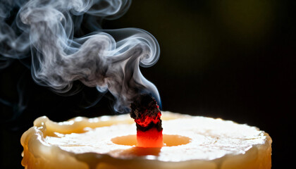 Ethereal Smoke Swirls from an Extinguished Candle Wick Against a Dark Background, Evoking Peace, Endings, & Reflection