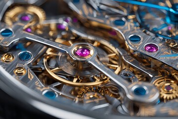 Intricate watch mechanism revealing its inner workings in great detail. The gold and silver tones create a luxurious feel