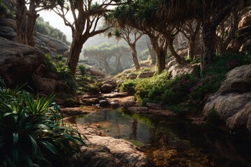 A serene, beautiful river flows through a dense forest with lush trees and sunlight, creating a captivating scene. The scene evokes a sense of peace and natural wonder. 